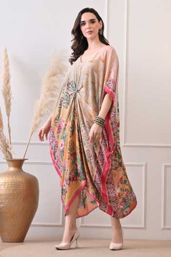 Peenacolada_Grey Modal V-neck Floral Print Knotted Kaftan _at_Aza_Fashions