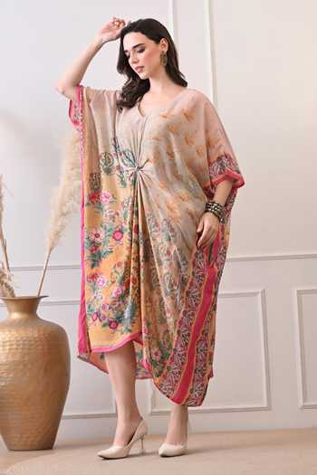 Buy_Peenacolada_Grey Modal V-neck Floral Print Knotted Kaftan 