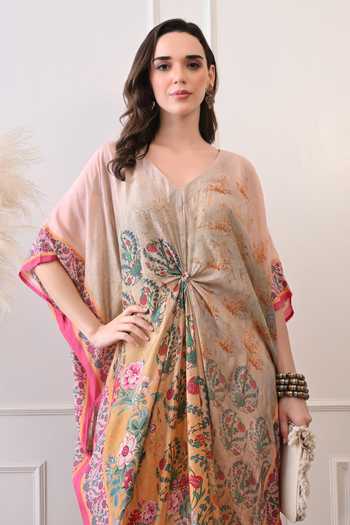 Shop_Peenacolada_Grey Modal V-neck Floral Print Knotted Kaftan 