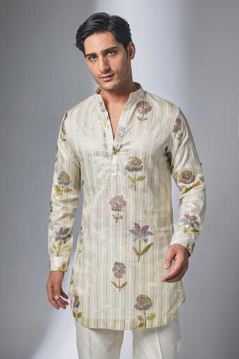 Buy_Salil Bhatia_Ivory Tissue, Silk, Chanderi Floral Embellished Kurta Set _Online_at_Aza_Fashions