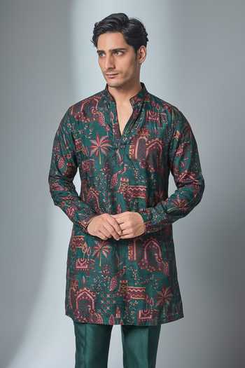 Salil Bhatia Green Silk Embroidered Kurta And Pant Set Online at Aza Fashions Salil Bhatia_Green Silk Embroidered Kurta And Pant Set _Online_at_Aza_Fashions
