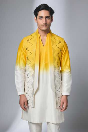 Buy Salil Bhatia Yellow Georgette, , , Ombre Bandhgala Jacket Pant Set Online at Aza Fashions Buy_Salil Bhatia_Yellow Georgette, , , Ombre Bandhgala Jacket Pant Set _Online_at_Aza_Fashions