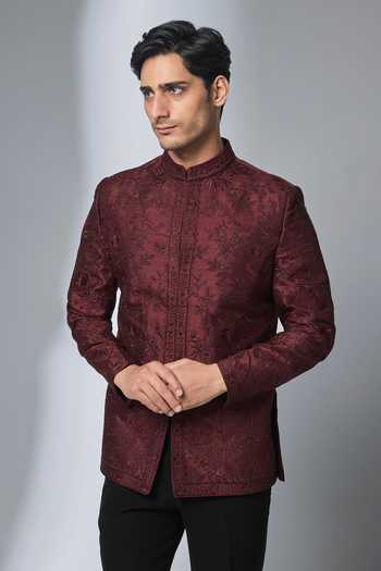 Buy Salil Bhatia Wine Silk Embroidery, Zari Raw Bandhgala Online at Aza Fashions Buy_Salil Bhatia_Wine Silk Embroidery, Zari Raw Bandhgala _Online_at_Aza_Fashions