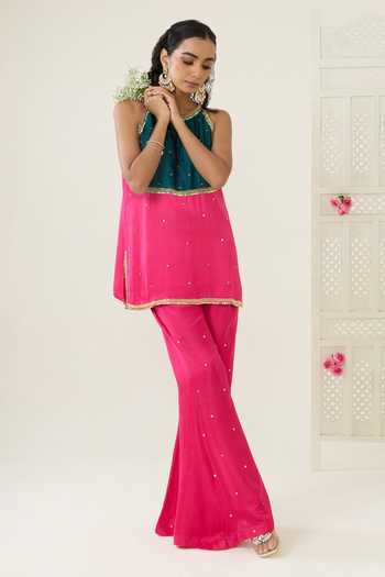 Shop BAHAARA BY DIVYA NARULA Pink Silk Satin Sequins Halter Neck, Yes Colour Block Kurta And Palazzo Set Online at Aza Fashions Shop_BAHAARA BY DIVYA NARULA_Pink Silk Satin Sequins Halter Neck, Yes Colour Block Kurta And Palazzo Set _Online_at_Aza_Fashions