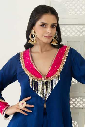 Buy BAHAARA BY DIVYA NARULA Navy Silk Satin V-neck, Yes Safiya Embellished Jacket Kurta And Palazzo Set Online at Aza Fashions Buy_BAHAARA BY DIVYA NARULA_Navy Silk Satin V-neck, Yes Safiya Embellished Jacket Kurta And Palazzo Set _Online_at_Aza_Fashions