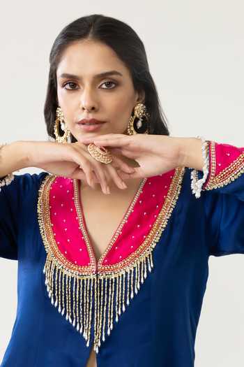 Shop BAHAARA BY DIVYA NARULA Navy Silk Satin V-neck, Yes Safiya Embellished Jacket Kurta And Palazzo Set Online at Aza Fashions Shop_BAHAARA BY DIVYA NARULA_Navy Silk Satin V-neck, Yes Safiya Embellished Jacket Kurta And Palazzo Set _Online_at_Aza_Fashions