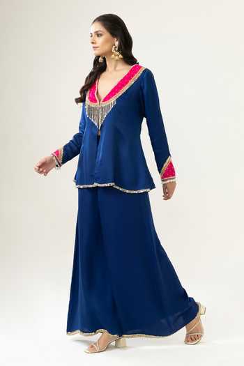 Buy BAHAARA BY DIVYA NARULA Navy Silk Satin V-neck, Yes Safiya Embellished Jacket Kurta And Palazzo Set Buy_BAHAARA BY DIVYA NARULA_Navy Silk Satin V-neck, Yes Safiya Embellished Jacket Kurta And Palazzo Set
