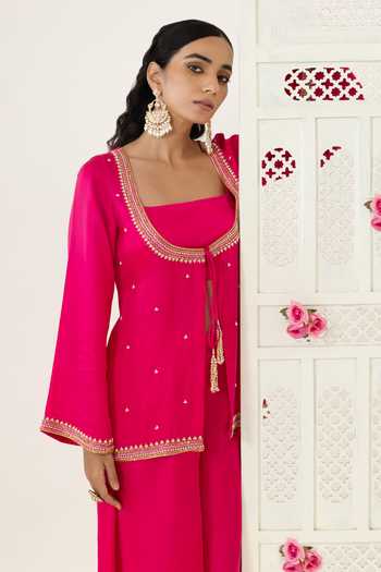 Shop BAHAARA BY DIVYA NARULA Pink Silk Satin Beads, Sequins Scoop Sana Metallic Beaded Jacket Palazzo Set Shop_BAHAARA BY DIVYA NARULA_Pink Silk Satin Beads, Sequins Scoop Sana Metallic Beaded Jacket Palazzo Set