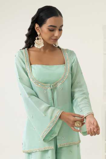 Shop BAHAARA BY DIVYA NARULA Aqua Organza, Tissue Scoop , Square Sana Embroidered Jacket Palazzo Set Online at Aza Fashions Shop_BAHAARA BY DIVYA NARULA_Aqua Organza, Tissue Scoop , Square Sana Embroidered Jacket Palazzo Set _Online_at_Aza_Fashions