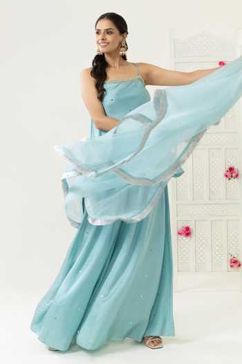 BAHAARA BY DIVYA NARULA Blue Silk Satin, Organza Sequins Square Neck Naaz Silver Work Kurta Set Online at Aza Fashions BAHAARA BY DIVYA NARULA_Blue Silk Satin, Organza Sequins Square Neck Naaz Silver Work Kurta Set _Online_at_Aza_Fashions