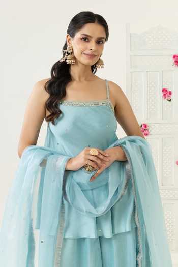 Buy BAHAARA BY DIVYA NARULA Blue Silk Satin, Organza Sequins Square Neck Naaz Silver Work Kurta Set Buy_BAHAARA BY DIVYA NARULA_Blue Silk Satin, Organza Sequins Square Neck Naaz Silver Work Kurta Set