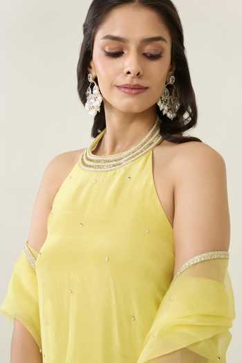 Buy BAHAARA BY DIVYA NARULA Yellow Organza, Tissue Zardozi Halter Neck Amara Kurta Set Online at Aza Fashions Buy_BAHAARA BY DIVYA NARULA_Yellow Organza, Tissue Zardozi Halter Neck Amara Kurta Set _Online_at_Aza_Fashions
