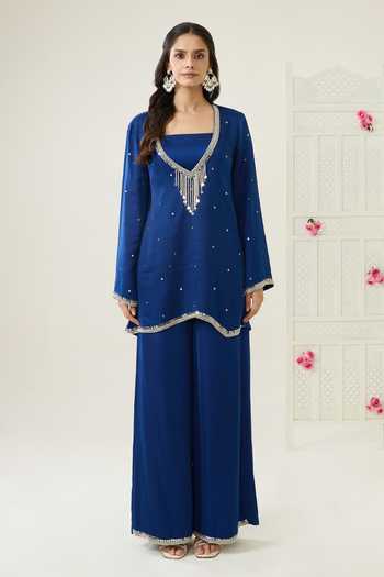 Buy BAHAARA BY DIVYA NARULA Navy Silk Satin Sequins V-neck Amaya Kurta And Palazzo Set Online at Aza Fashions Buy_BAHAARA BY DIVYA NARULA_Navy Silk Satin Sequins V-neck Amaya Kurta And Palazzo Set _Online_at_Aza_Fashions