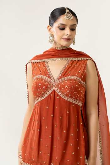 Buy_BAHAARA BY DIVYA NARULA_Orange Crepe, Organza Amira Embroidered Kurta Set With Sharara And Dupatta _Online_at_Aza_Fashions