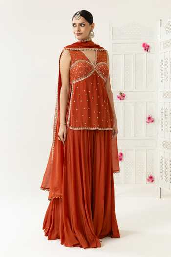 Shop_BAHAARA BY DIVYA NARULA_Orange Crepe, Organza Amira Embroidered Kurta Set With Sharara And Dupatta _Online_at_Aza_Fashions