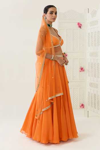 BAHAARA BY DIVYA NARULA Orange Organza, Net Sweetheart Neck Mehr Embroidered Blouse Lehenga Set Online at Aza Fashions BAHAARA BY DIVYA NARULA_Orange Organza, Net Sweetheart Neck Mehr Embroidered Blouse Lehenga Set _Online_at_Aza_Fashions