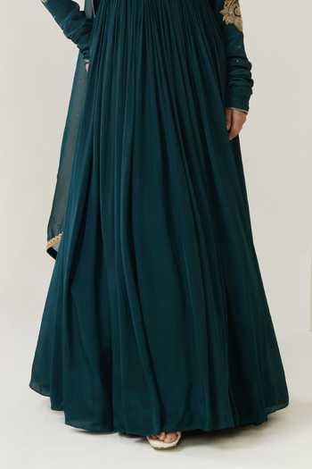 BAHAARA BY DIVYA NARULA Teal Crepe, Organza V-neck Bano Embroidered Anarkali And Dupatta Set Online at Aza Fashions BAHAARA BY DIVYA NARULA_Teal Crepe, Organza V-neck Bano Embroidered Anarkali And Dupatta Set _Online_at_Aza_Fashions