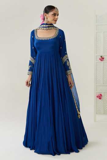 Buy_BAHAARA BY DIVYA NARULA_Navy Crepe, Organza Round Neck Farah Zardozi Embroidered Anarkali And Dupatta Set _Online_at_Aza_Fashions