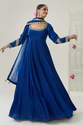 BAHAARA BY DIVYA NARULA_Navy Crepe, Organza Round Neck Farah Zardozi Embroidered Anarkali And Dupatta Set _at_Aza_Fashions