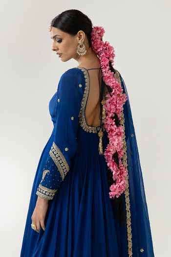 Buy_BAHAARA BY DIVYA NARULA_Navy Crepe, Organza Round Neck Farah Zardozi Embroidered Anarkali And Dupatta Set 