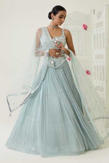 BAHAARA BY DIVYA NARULA Blue Organza, Net Fariba Pleated Lehenga Set Online at Aza Fashions BAHAARA BY DIVYA NARULA_Blue Organza, Net Fariba Pleated Lehenga Set _Online_at_Aza_Fashions