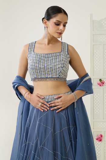 Buy_BAHAARA BY DIVYA NARULA_Blue Organza Square Neck Sara Embroidered Lehenga Set  _Online_at_Aza_Fashions