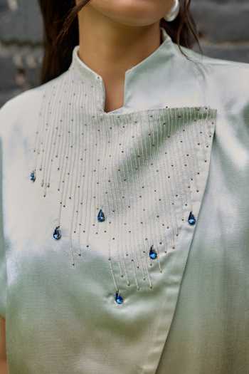 Vedangi Agarwal Blue Satin Mandarin Collar Stone Embellished Top And Pant Set Online at Aza Fashions Vedangi Agarwal_Blue Satin Mandarin Collar Stone Embellished Top And Pant Set _Online_at_Aza_Fashions