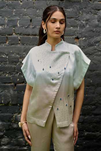 Shop Vedangi Agarwal Blue Satin Mandarin Collar Stone Embellished Top And Pant Set Online at Aza Fashions Shop_Vedangi Agarwal_Blue Satin Mandarin Collar Stone Embellished Top And Pant Set _Online_at_Aza_Fashions