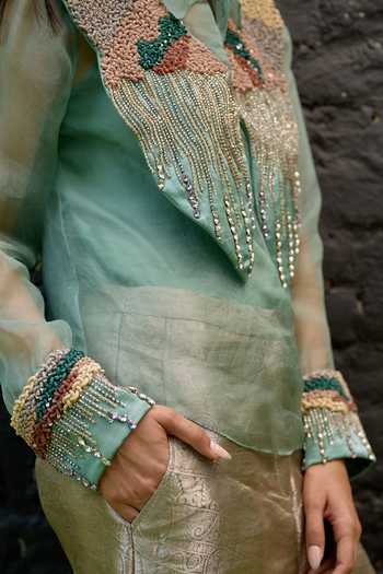 Vedangi Agarwal_Green Organza, Georgette, Satin, Brocade V-neck Hand Embroidered Top With Pant _Online_at_Aza_Fashions