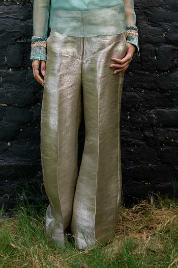 Buy_Vedangi Agarwal_Green Organza, Georgette, Satin, Brocade V-neck Hand Embroidered Top With Pant _Online_at_Aza_Fashions