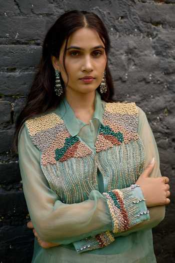 Shop_Vedangi Agarwal_Green Organza, Georgette, Satin, Brocade V-neck Hand Embroidered Top With Pant _Online_at_Aza_Fashions