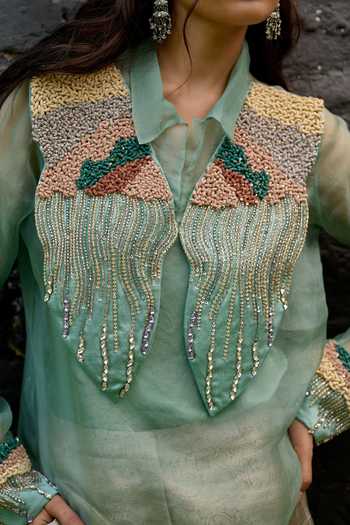 Vedangi Agarwal_Green Organza, Georgette, Satin, Brocade V-neck Hand Embroidered Top With Pant _at_Aza_Fashions