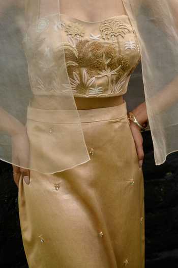 Vedangi Agarwal Gold Organza Bandeau Neck Embroidered Cape Top And Skirt Set Online at Aza Fashions Vedangi Agarwal_Gold Organza Bandeau Neck Embroidered Cape Top And Skirt Set _Online_at_Aza_Fashions