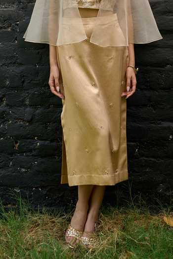 Buy Vedangi Agarwal Gold Organza Bandeau Neck Embroidered Cape Top And Skirt Set Online at Aza Fashions Buy_Vedangi Agarwal_Gold Organza Bandeau Neck Embroidered Cape Top And Skirt Set _Online_at_Aza_Fashions