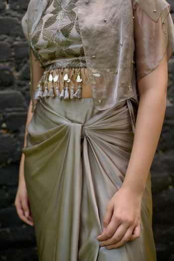 Buy Vedangi Agarwal Grey Chanderi, Tissue, Georgette, Satin, Hand Embellished Jacket Skirt Set Online at Aza Fashions Buy_Vedangi Agarwal_Grey Chanderi, Tissue, Georgette, Satin, Hand Embellished Jacket Skirt Set _Online_at_Aza_Fashions