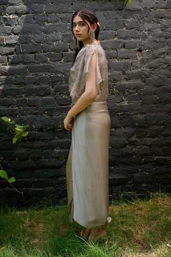 Shop Vedangi Agarwal Grey Chanderi, Tissue, Georgette, Satin, Hand Embellished Jacket Skirt Set Online at Aza Fashions Shop_Vedangi Agarwal_Grey Chanderi, Tissue, Georgette, Satin, Hand Embellished Jacket Skirt Set _Online_at_Aza_Fashions