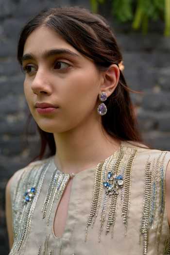 Vedangi Agarwal_Beige Organza, Georgette, Satin Keyhole Neck Sequin Embellished Top And Skirt Set _Online_at_Aza_Fashions