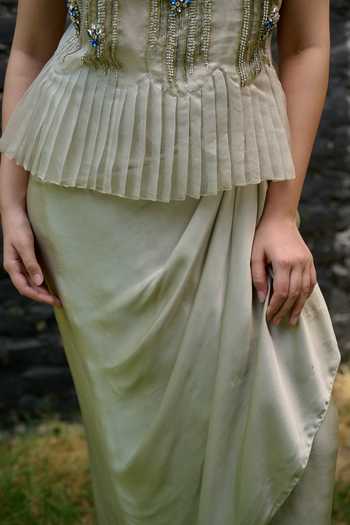 Shop_Vedangi Agarwal_Beige Organza, Georgette, Satin Keyhole Neck Sequin Embellished Top And Skirt Set _Online_at_Aza_Fashions
