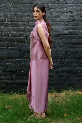 Vedangi Agarwal_Purple Organza, Georgette, Satin High Neck Embroidered Top And Skirt Set _Online_at_Aza_Fashions