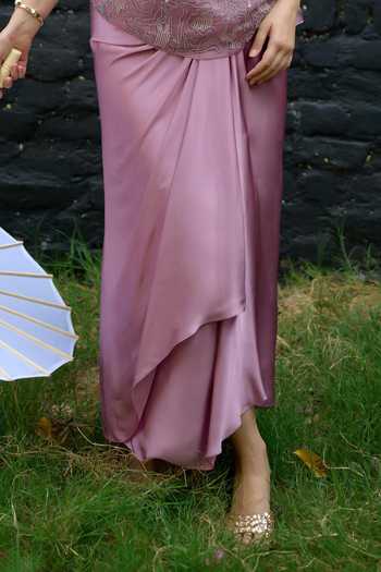 Buy_Vedangi Agarwal_Purple Organza, Georgette, Satin High Neck Embroidered Top And Skirt Set _Online_at_Aza_Fashions