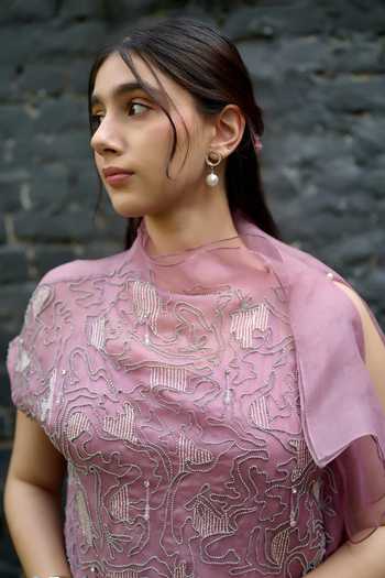 Vedangi Agarwal_Purple Organza, Georgette, Satin High Neck Embroidered Top And Skirt Set _at_Aza_Fashions