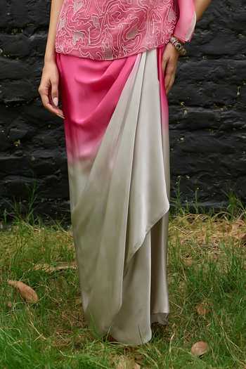 Buy_Vedangi Agarwal_Pink Organza, Georgette, Satin High Neck Ombre Embroidered Top And Skirt Set _Online_at_Aza_Fashions