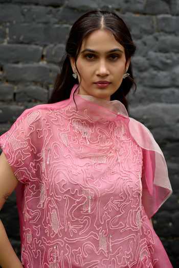Shop_Vedangi Agarwal_Pink Organza, Georgette, Satin High Neck Ombre Embroidered Top And Skirt Set _Online_at_Aza_Fashions