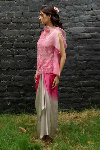 Vedangi Agarwal_Pink Organza, Georgette, Satin High Neck Ombre Embroidered Top And Skirt Set _at_Aza_Fashions