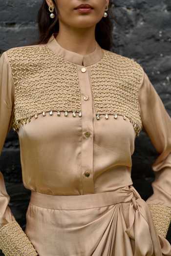 Vedangi Agarwal Gold Mandarin Collar Embroidered Yoke Shirt And Skirt Set Online at Aza Fashions Vedangi Agarwal_Gold Mandarin Collar Embroidered Yoke Shirt And Skirt Set _Online_at_Aza_Fashions