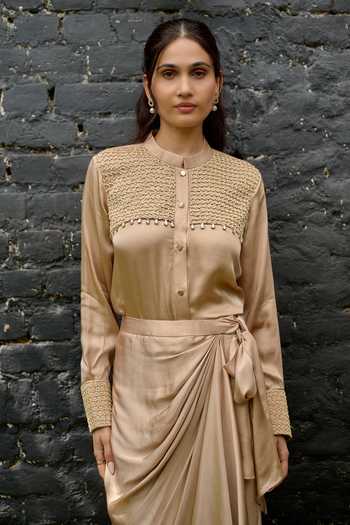 Buy Vedangi Agarwal Gold Mandarin Collar Embroidered Yoke Shirt And Skirt Set Online at Aza Fashions Buy_Vedangi Agarwal_Gold Mandarin Collar Embroidered Yoke Shirt And Skirt Set _Online_at_Aza_Fashions