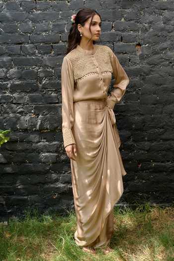 Shop Vedangi Agarwal Gold Mandarin Collar Embroidered Yoke Shirt And Skirt Set Online at Aza Fashions Shop_Vedangi Agarwal_Gold Mandarin Collar Embroidered Yoke Shirt And Skirt Set _Online_at_Aza_Fashions