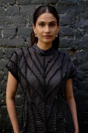 Buy Vedangi Agarwal Black Satin Mandarin Collar Embroidered Top And Draped Skirt Set Online at Aza Fashions Buy_Vedangi Agarwal_Black Satin Mandarin Collar Embroidered Top And Draped Skirt Set _Online_at_Aza_Fashions
