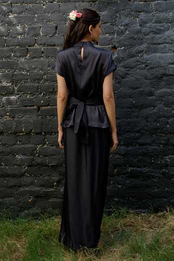 Shop Vedangi Agarwal Black Satin Mandarin Collar Embroidered Top And Draped Skirt Set at Aza Fashions Shop_Vedangi Agarwal_Black Satin Mandarin Collar Embroidered Top And Draped Skirt Set _at_Aza_Fashions
