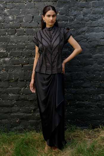 Buy Vedangi Agarwal Black Satin Mandarin Collar Embroidered Top And Draped Skirt Set at Aza Fashions Buy_Vedangi Agarwal_Black Satin Mandarin Collar Embroidered Top And Draped Skirt Set _at_Aza_Fashions